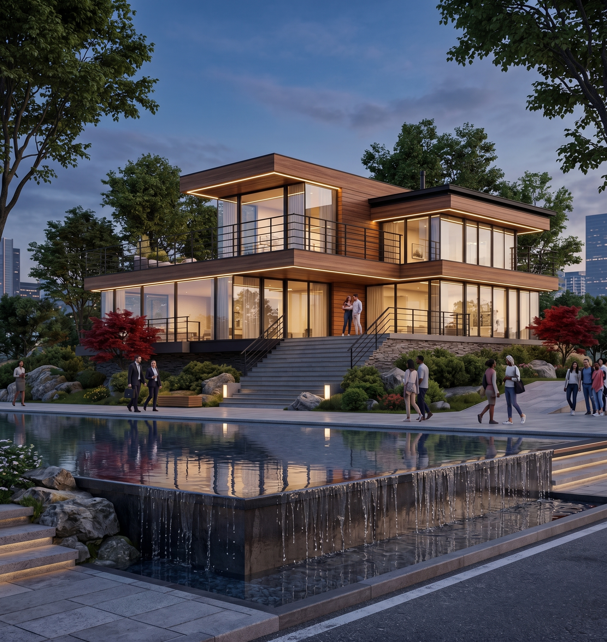 Timber-clad pavilion fronted by a cascading water feature and public plaza.