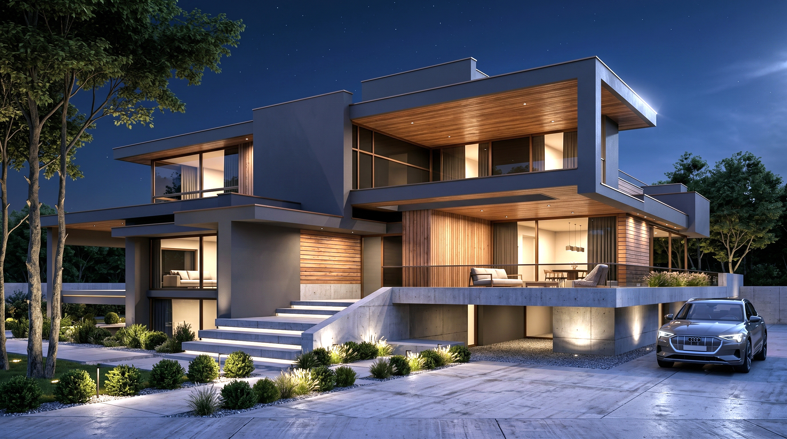 Cantilevered concrete-and-timber home glowing at dusk above a landscaped hillside driveway.