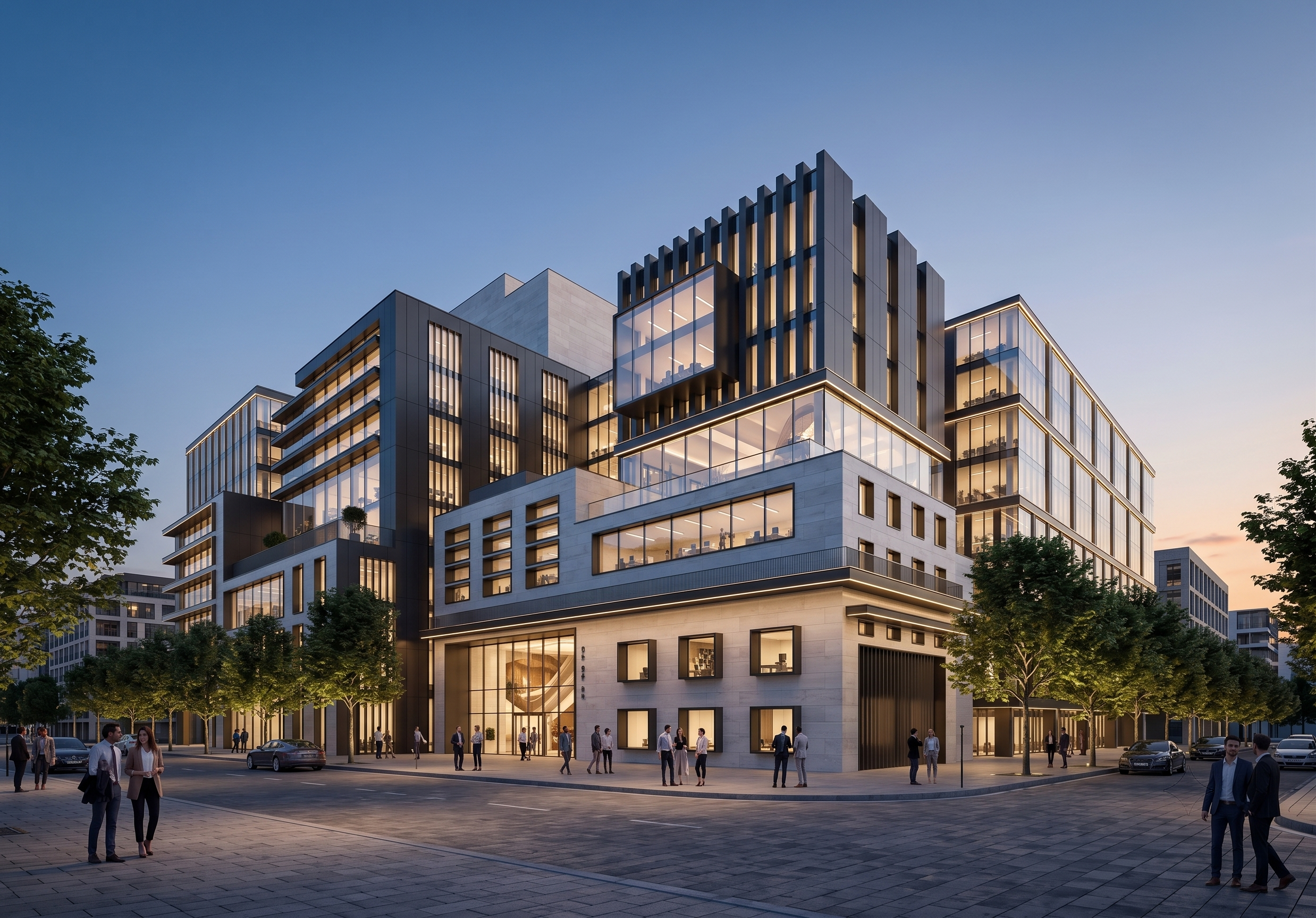 Stone-and-glass mixed-use building anchoring a lively downtown corner at golden hour.