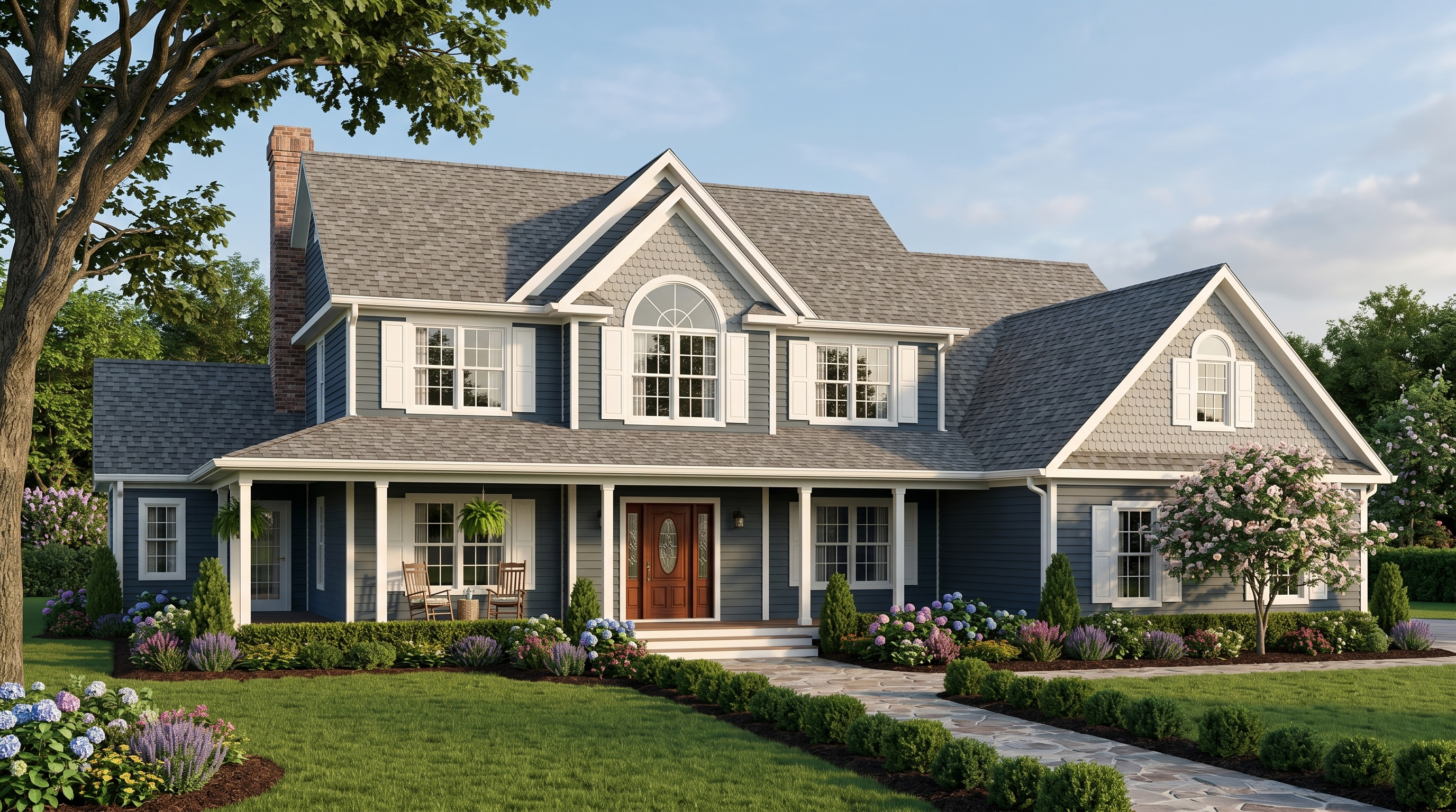 Two-story colonial with a wraparound porch, dormer windows, and manicured garden beds.