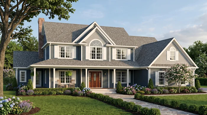 Two-story colonial with a wraparound porch, dormer windows, and manicured garden beds.