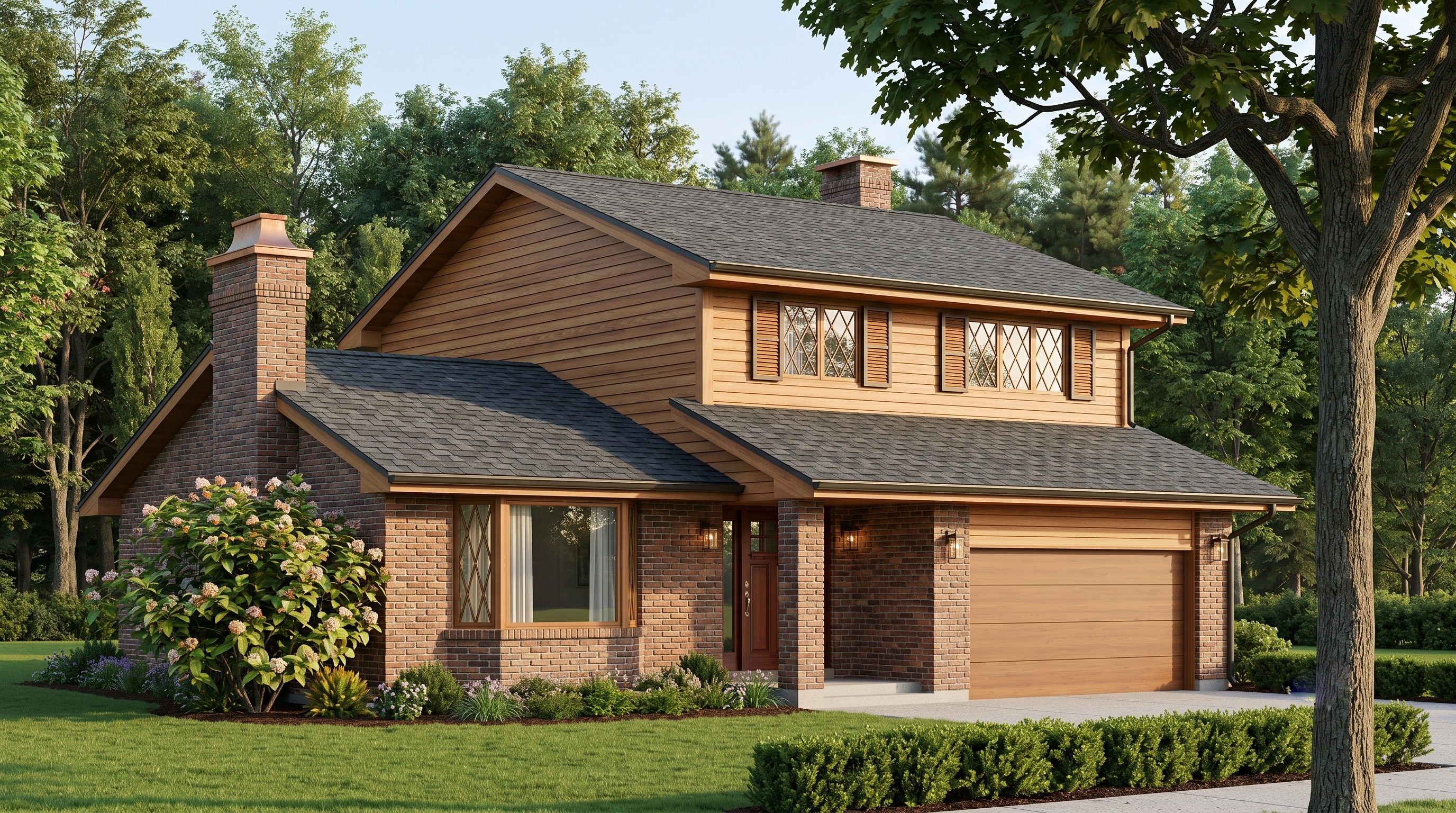 Brick-and-cedar-shake split-level home framed by mature trees.