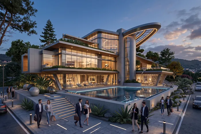 Contemporary clubhouse with an infinity-edge pool terrace overlooking the hills at dusk.