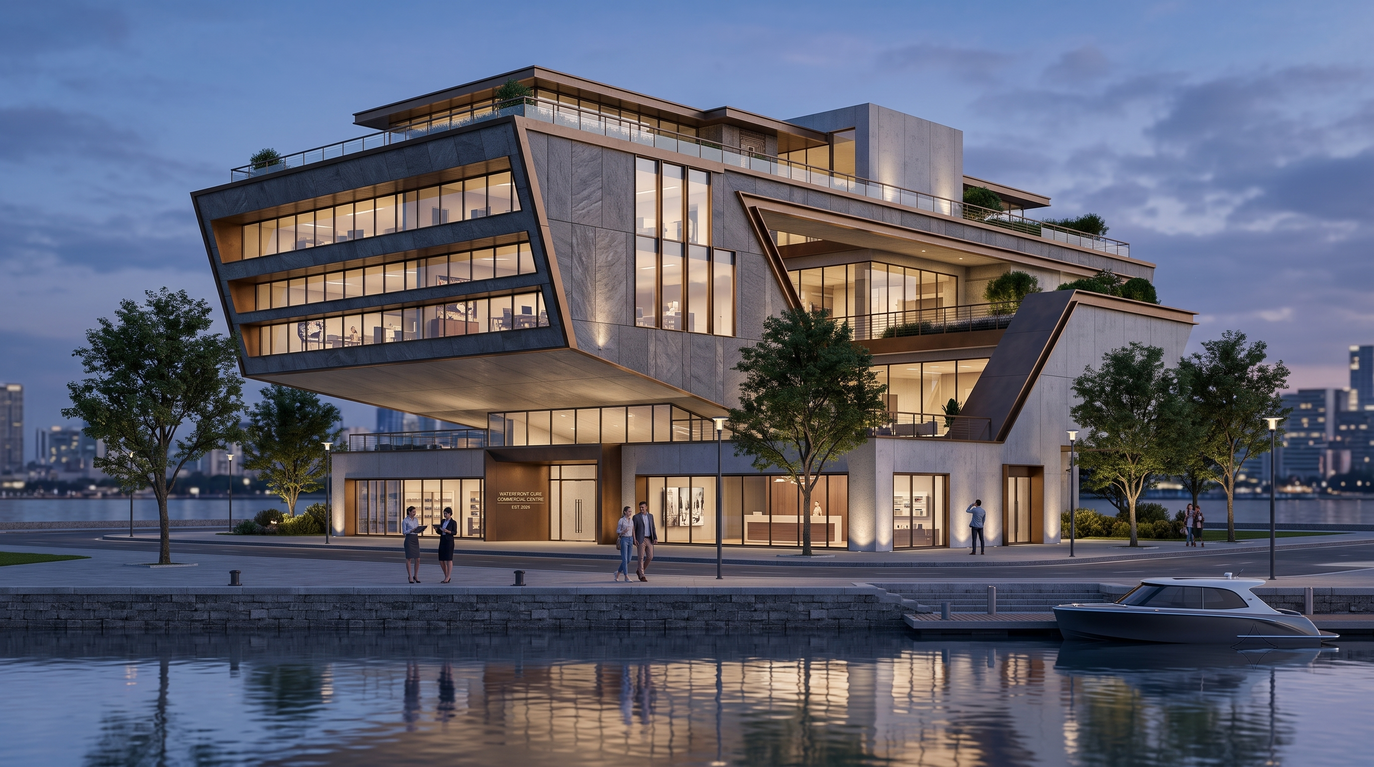 Cantilevered commercial building overlooking a private marina and city skyline.