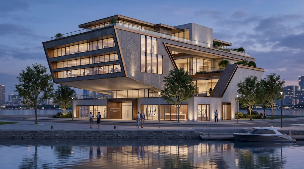 Cantilevered commercial building overlooking a private marina and city skyline.
