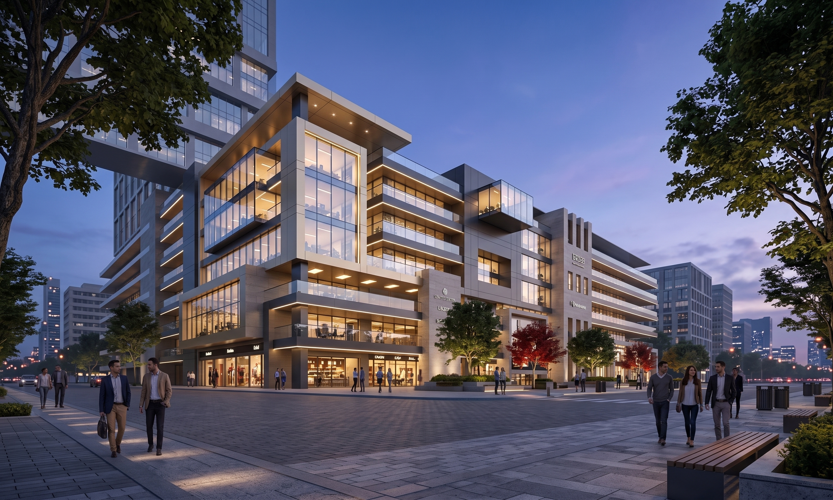 Ground-floor retail and upper-level office tower rendered at dusk along an active streetscape.