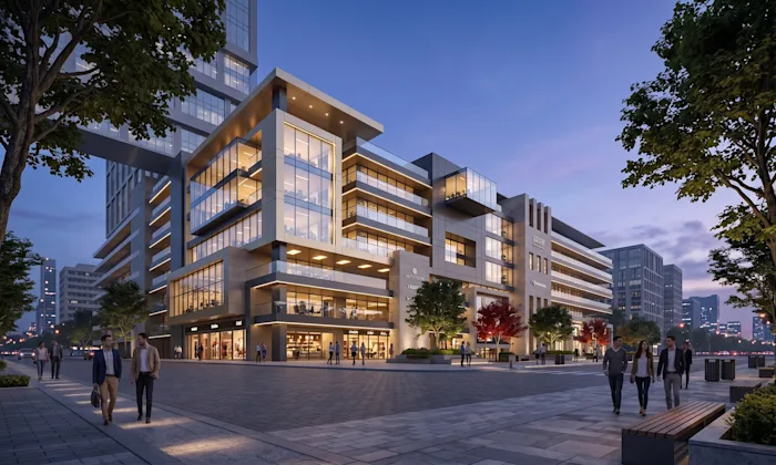 Ground-floor retail and upper-level office tower rendered at dusk along an active streetscape.
