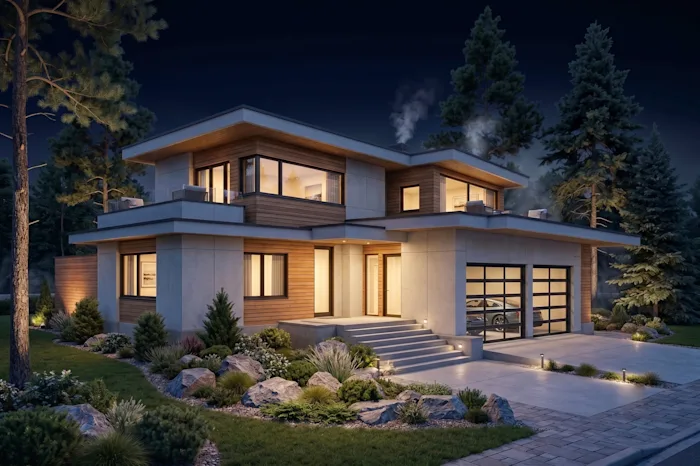 Contemporary pitched-roof home nestled among tall pines, rendered in evening light.