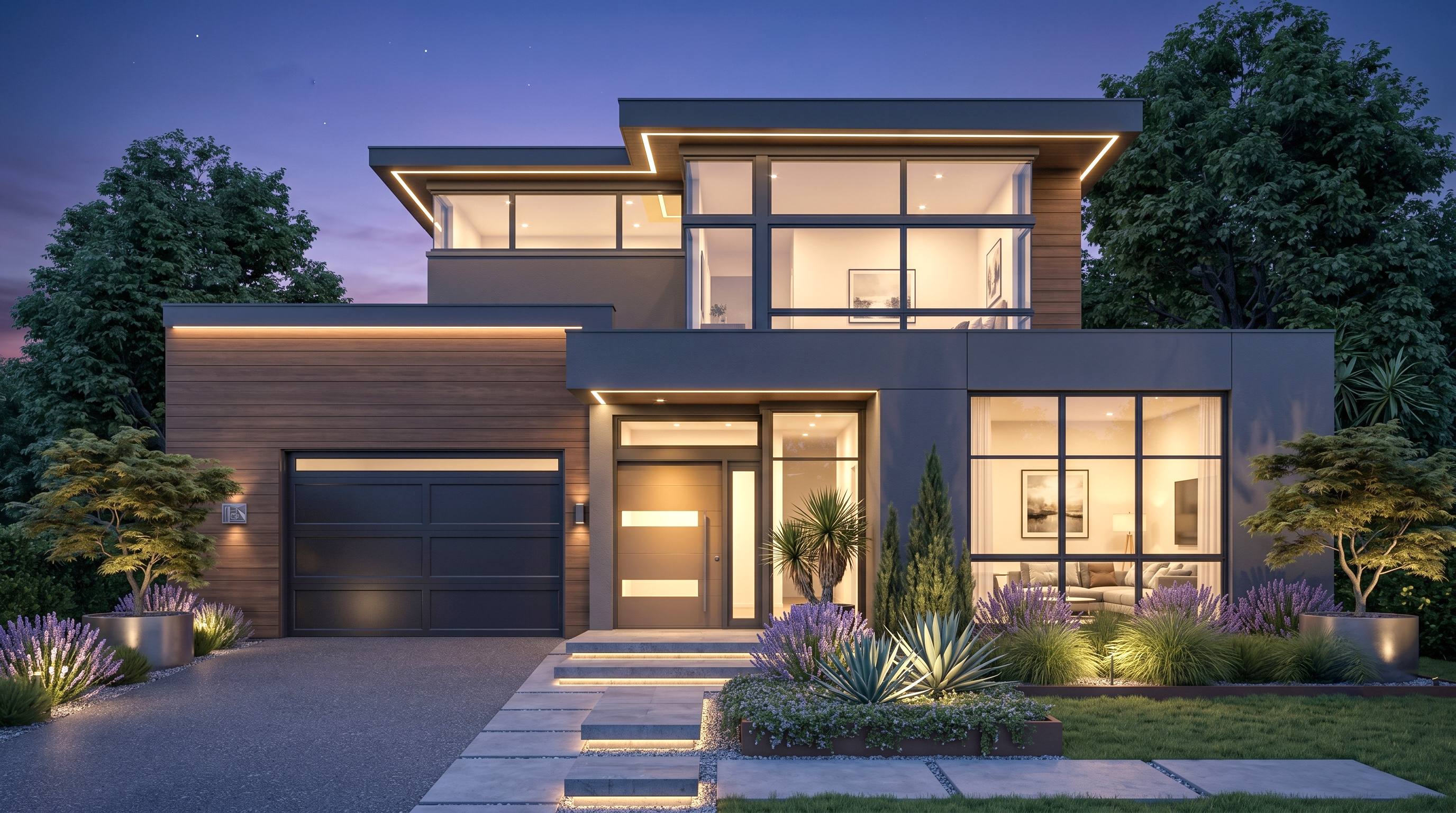 Sleek modern residence with desert-modern landscaping, illuminated at dusk.
