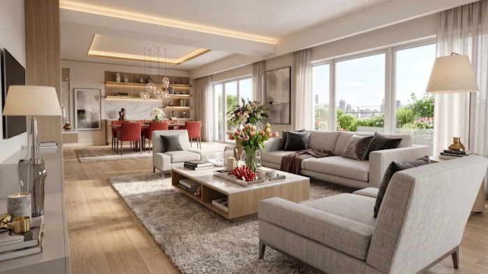 High-rise living and dining space with floor-to-ceiling glazing, layered textures, and warm ambient lighting.