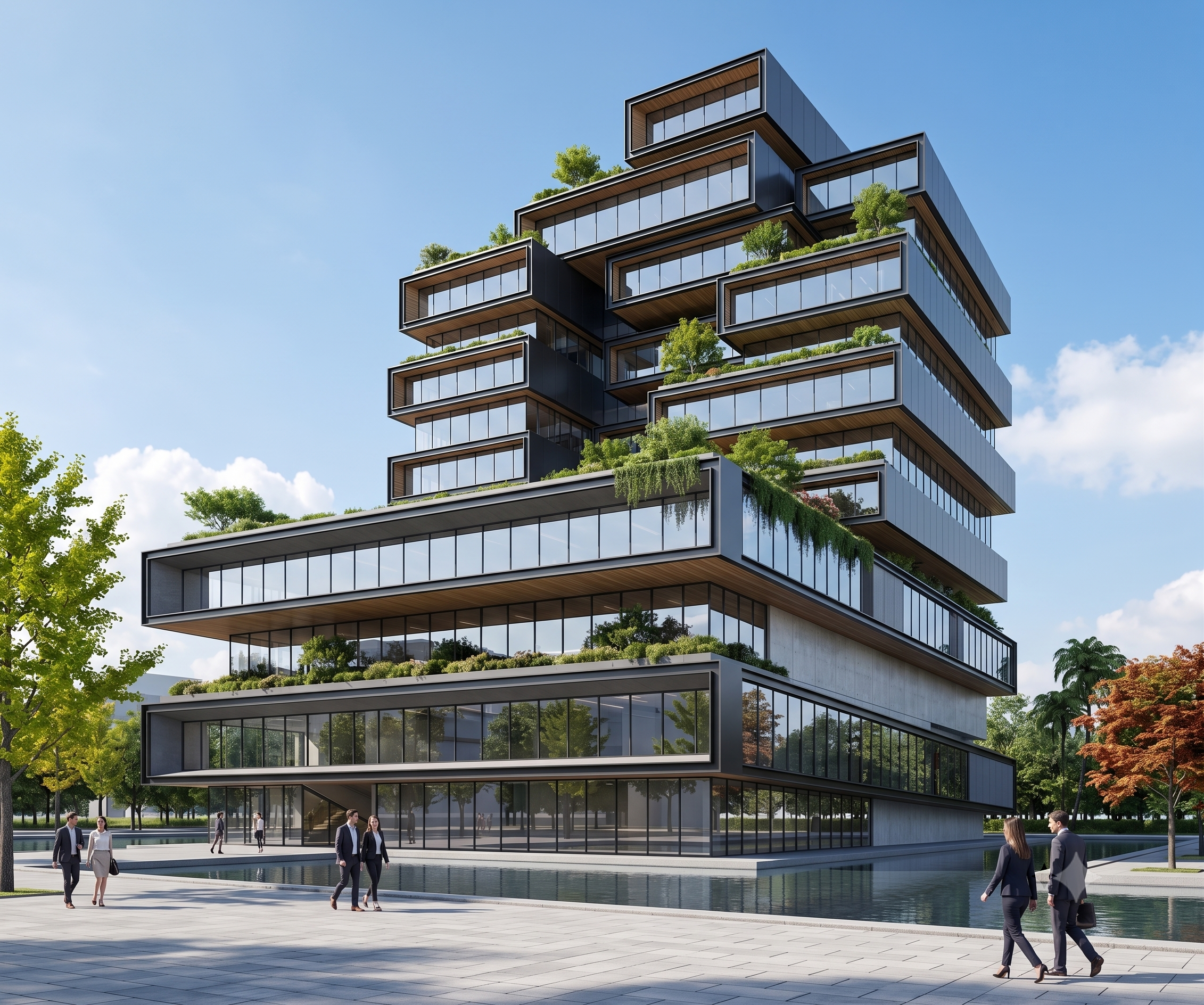 Terraced glass office tower with planted green roofs surrounding a reflecting-pool plaza.