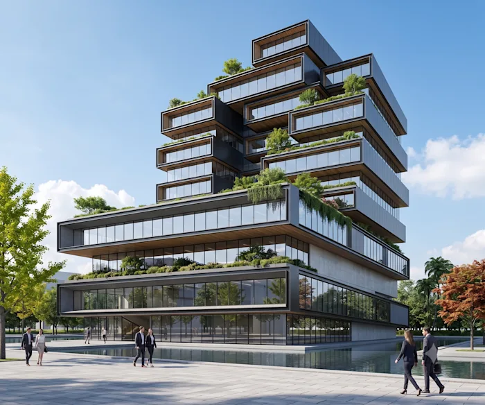 Terraced glass office tower with planted green roofs surrounding a reflecting-pool plaza.