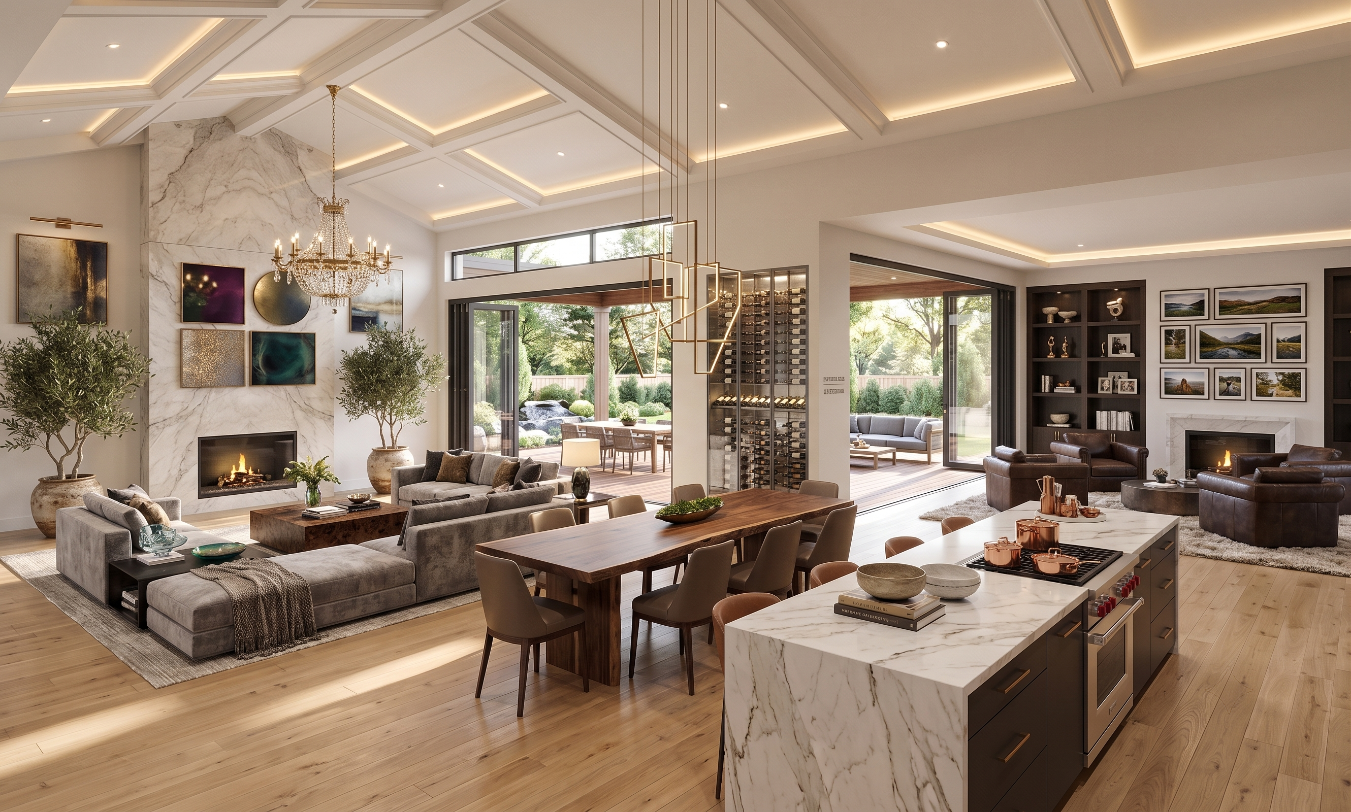 Open-plan living, dining, and kitchen beneath a coffered ceiling, opening onto a landscaped terrace with city views.
