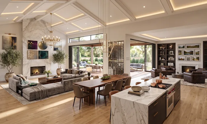 Open-plan living, dining, and kitchen beneath a coffered ceiling, opening onto a landscaped terrace with city views.