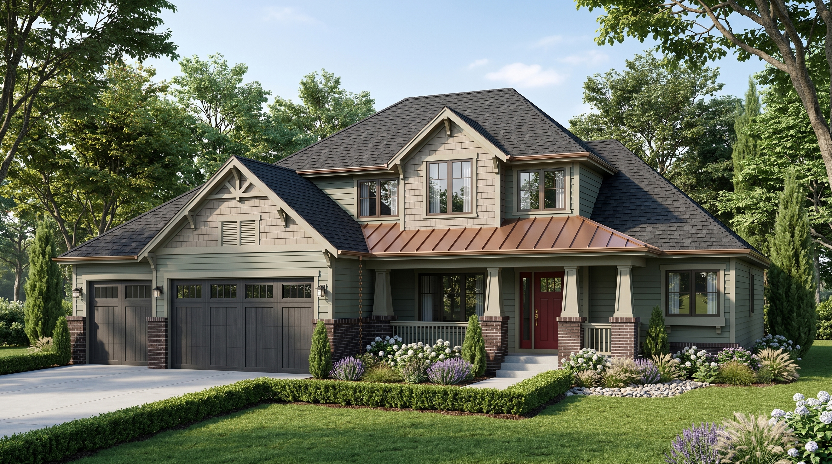 Two-story craftsman home with a standing-seam copper porch roof and brick-clad columns.