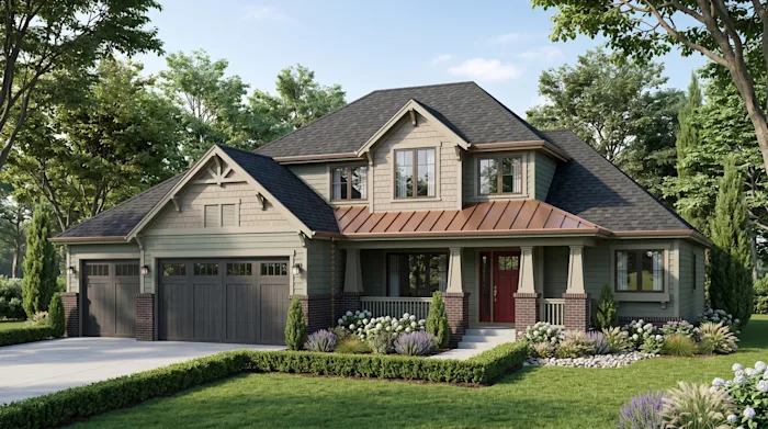 Two-story craftsman home with a standing-seam copper porch roof and brick-clad columns.
