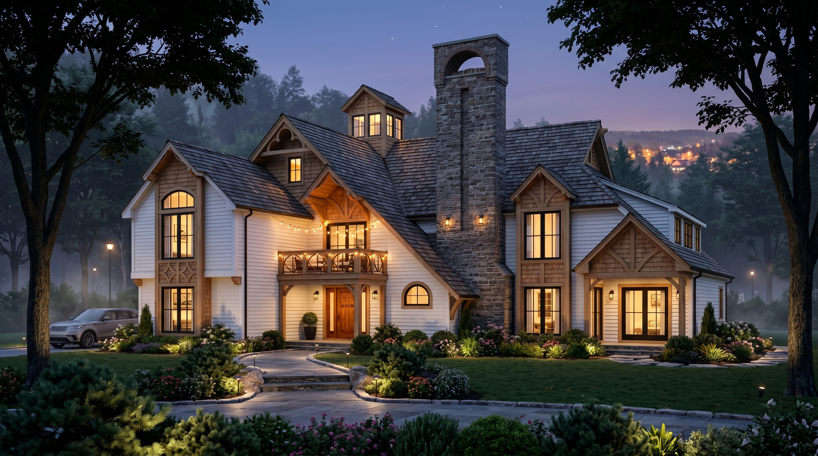 Multi-gabled shingle-style residence with a stone chimney overlooking hillside town lights.