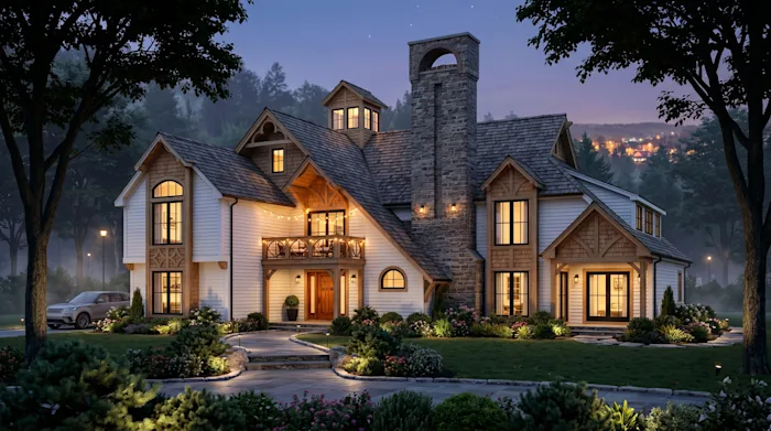 Multi-gabled shingle-style residence with a stone chimney overlooking hillside town lights.