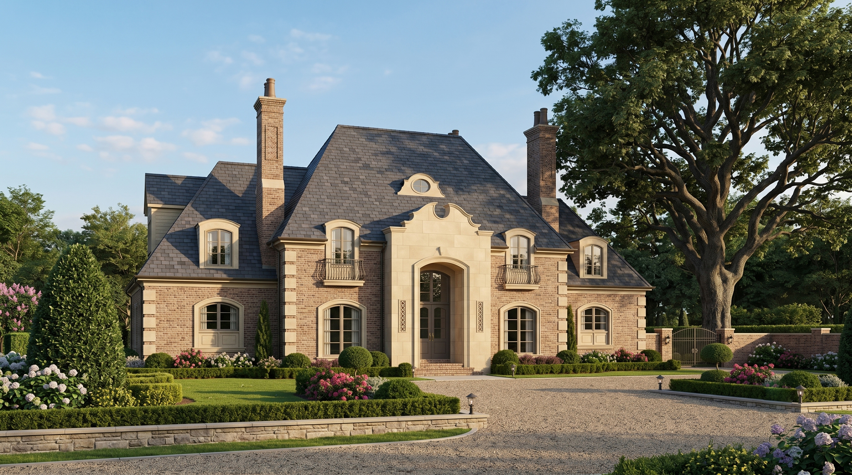 Brick-and-stone estate residence with a slate mansard roof, arched entry, and circular motor court.