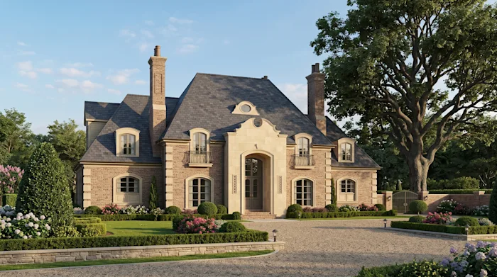 Brick-and-stone estate residence with a slate mansard roof, arched entry, and circular motor court.