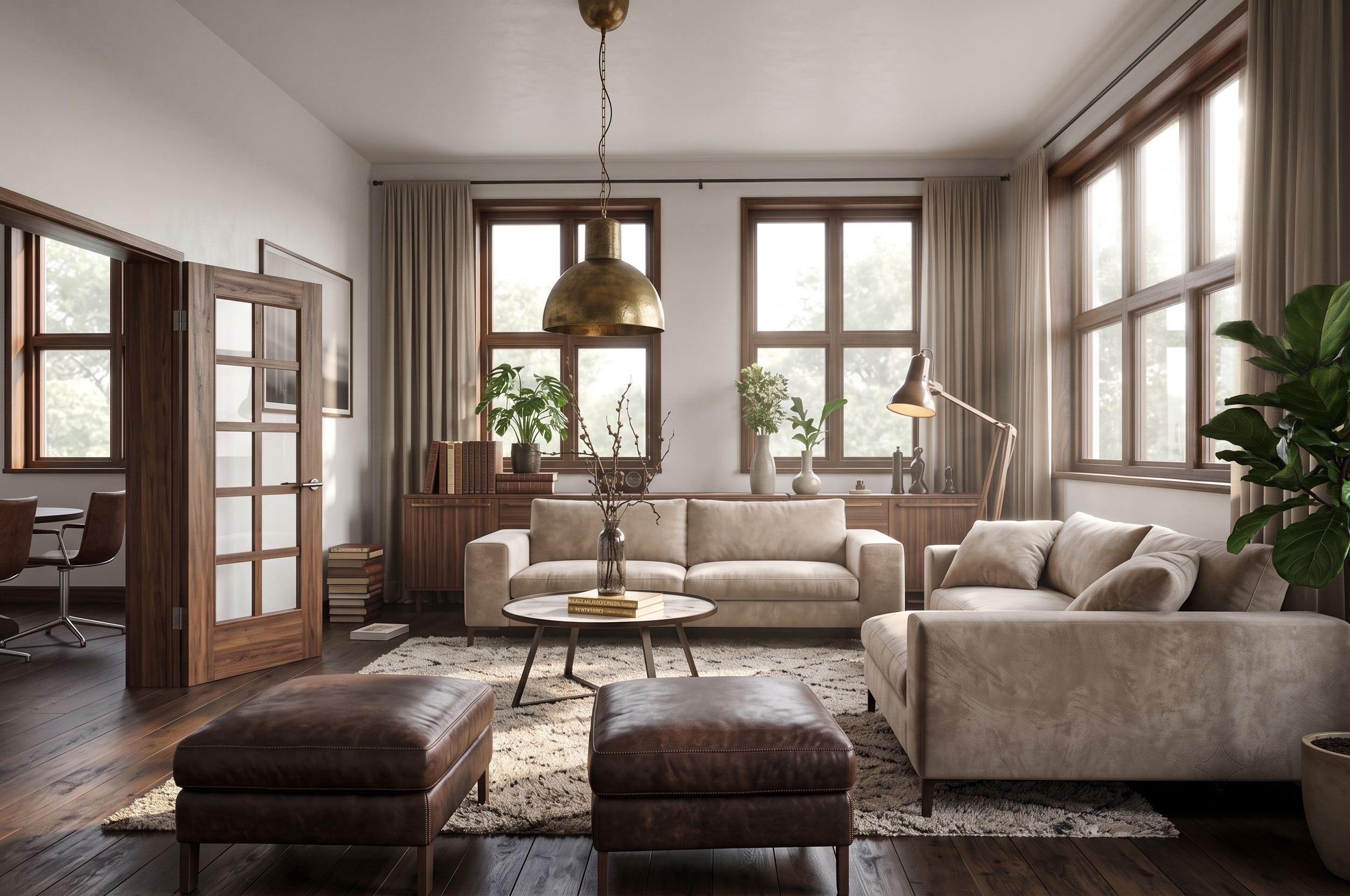 Warm, art-directed lounge with walnut millwork, brass fixtures, and layered seating for a boutique residential feel.