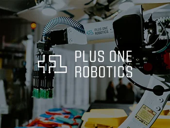 Plus One Robotics logo overlaid over a robotic arm working on a pallet