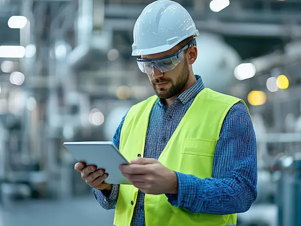 Visor Computer Work A factory worker in a hardhat and high-vis vest looking at a tablet ...