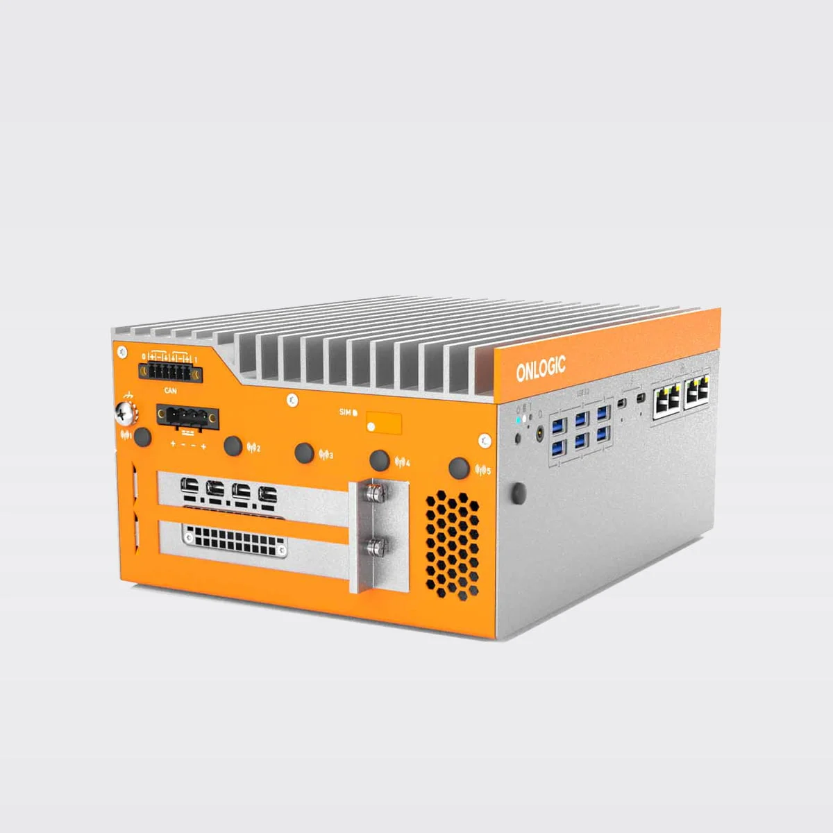 OnLogic Helix 524 Industrial PC Side view of the orange and silver OnLogic Helix 524 industrial computer featuring a prominent heat sink for fanless operation and multiple input/output connectors.