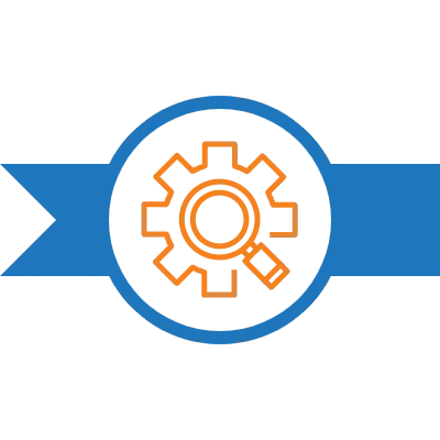 A blue and orange icon of a gear with a camera on the side of it ...