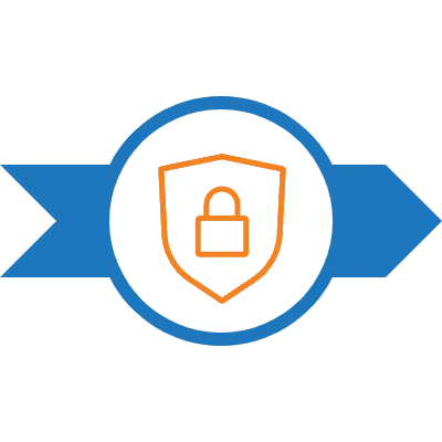 A blue and orange icon of a shield with a lock inside of it ...