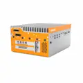 HX524 ISO TOP Angled front view of the orange and silver OnLogic Helix 524 industrial computer showcasing multiple antenna connectors, CAN bus, SIM card slot, USB ports, and Ethernet ports, along with a prominent heat sink.