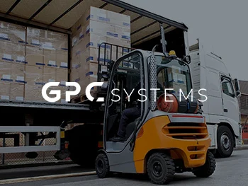 A forklift unloading boxes from truck with the GPC Systems logo