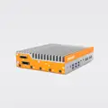 OnLogic Helix 521 Industrial PC OnLogic Helix 521 industrial computer, shown at an angle, highlighting its orange and grey fanless chassis, featuring multiple ports for industrial connectivity.
