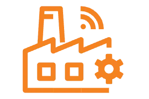 Orange icon showing a factory with a gear and wireless icon