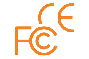 An orange icon of the FCC and CE certification logos together.