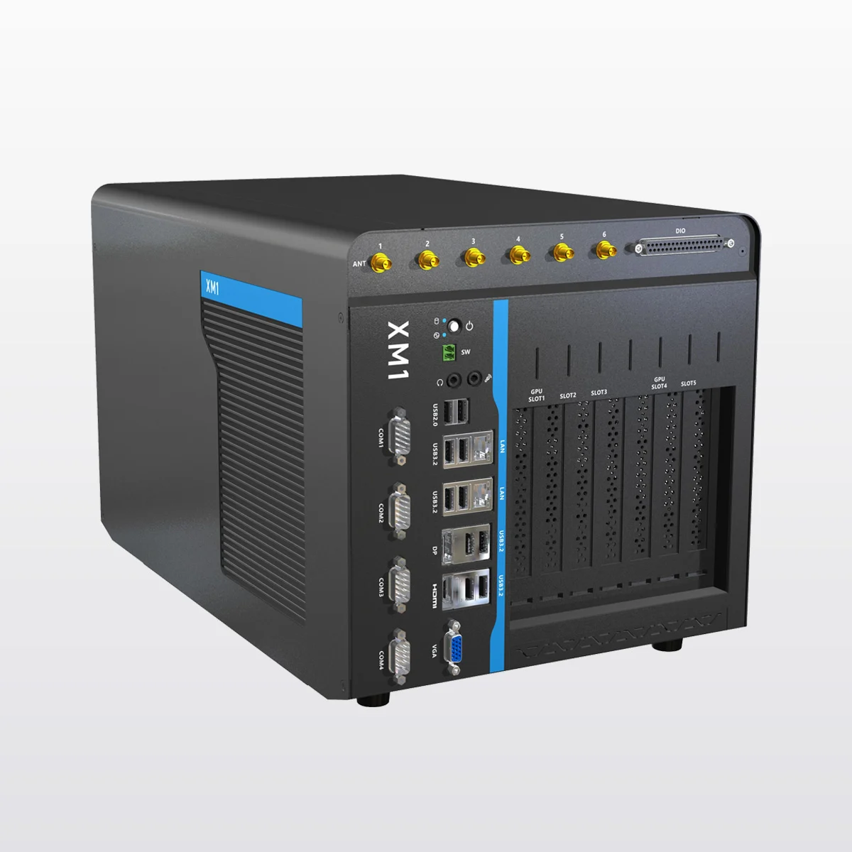 Angled view of XM1 Rugged GPU Computer engineered for AI