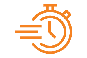 Orange fast-forward stopwatch icon with speed motion lines.