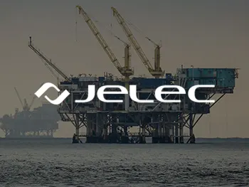 A Jelec logo over a picture of an offshore oil rig.
