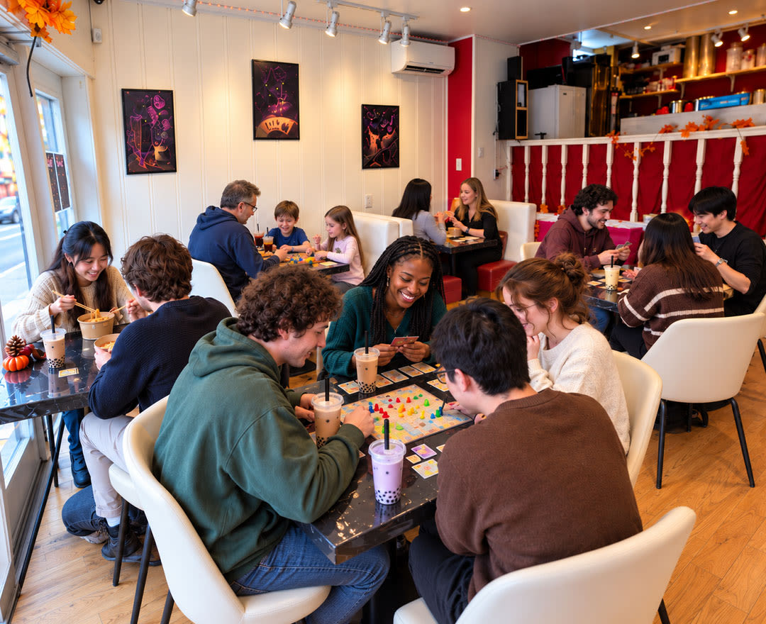 Un groupe de personnes profite d’un moment convivial autour de jeux de société dans une ambiance chaleureuse et animée.