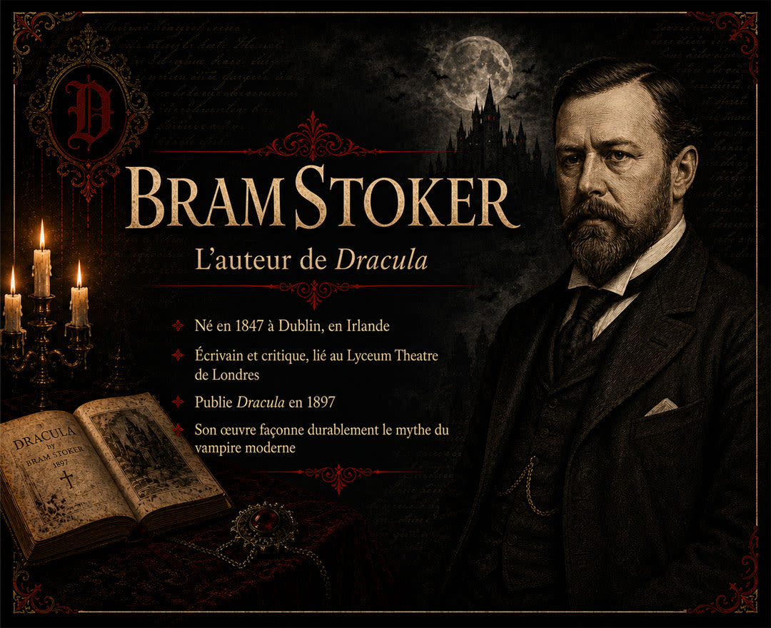 Une affiche gothique présente Bram Stoker, auteur de Dracula, dans une atmosphère sombre évoquant l’univers des vampires