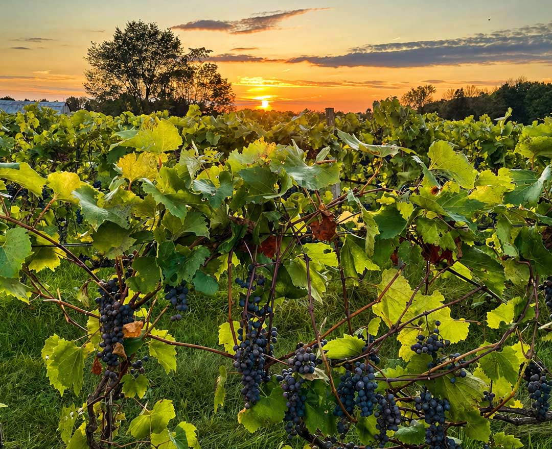 Un tracteur parcourt les rangées d’un vignoble pendant les vendanges, entouré des couleurs automnales