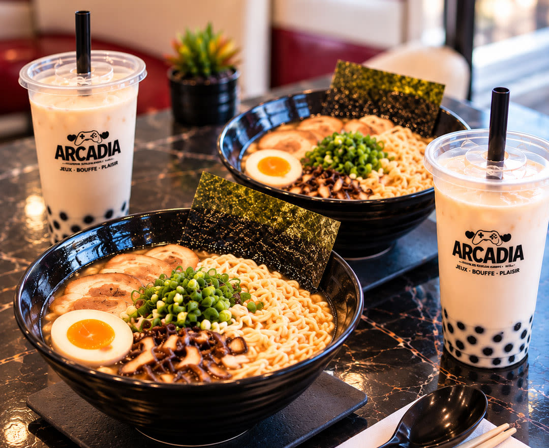 Deux bols de ramen accompagnés de deux boissons au tapioca sont servis sur une table.