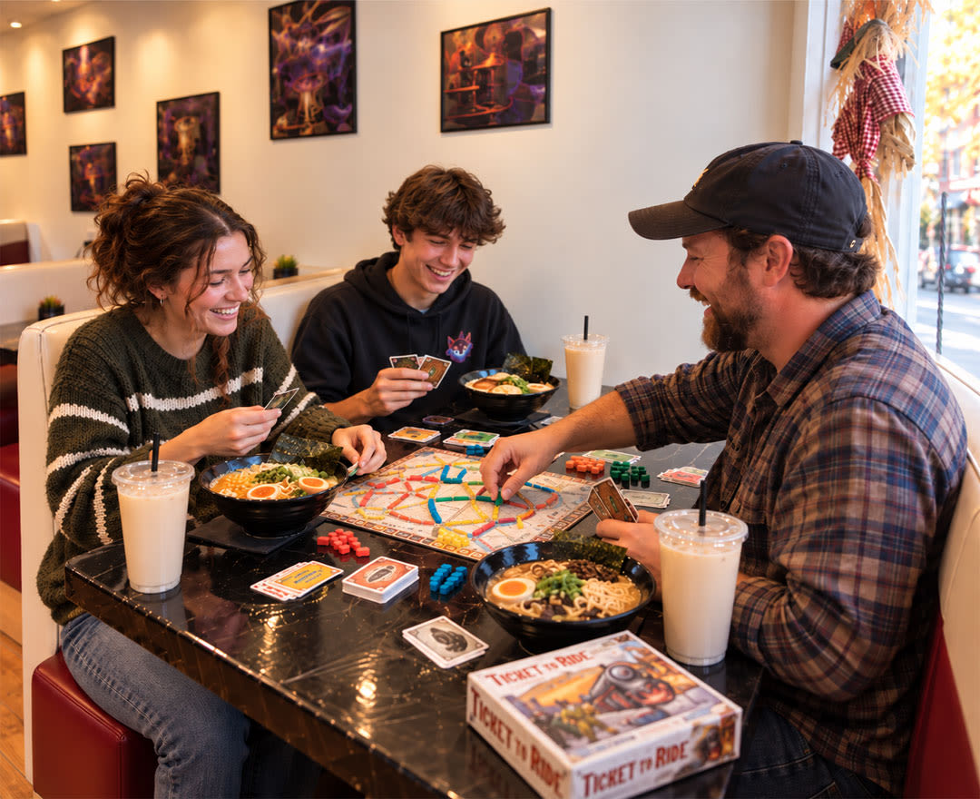 Un groupe de personnes profite d’un moment convivial autour de jeux de société dans une ambiance chaleureuse et animée.