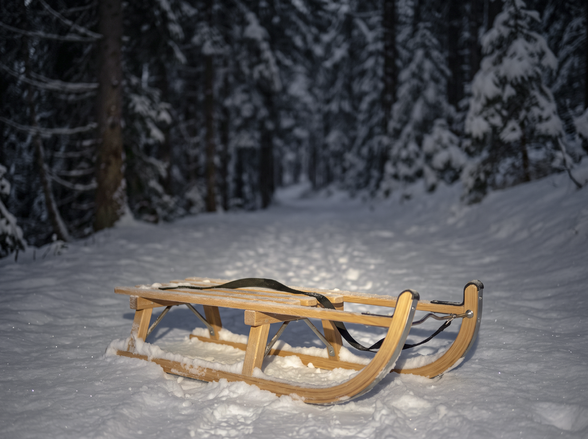 Wooden sledge on a snow-covered forest path, surrounded by snow-laden trees in the winter dusk.