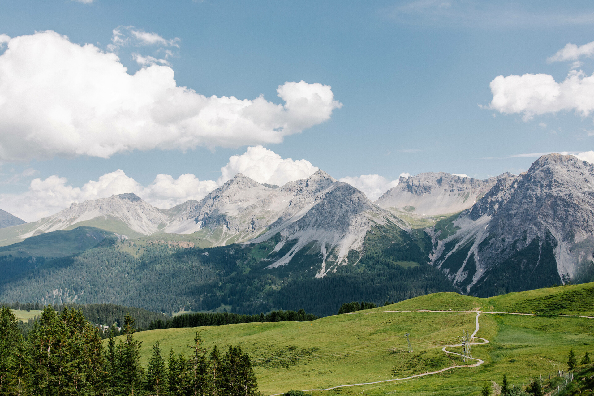 Mountain range with rocky peaks and green forested slopes under blue sky with white clouds and winding path in foreground.