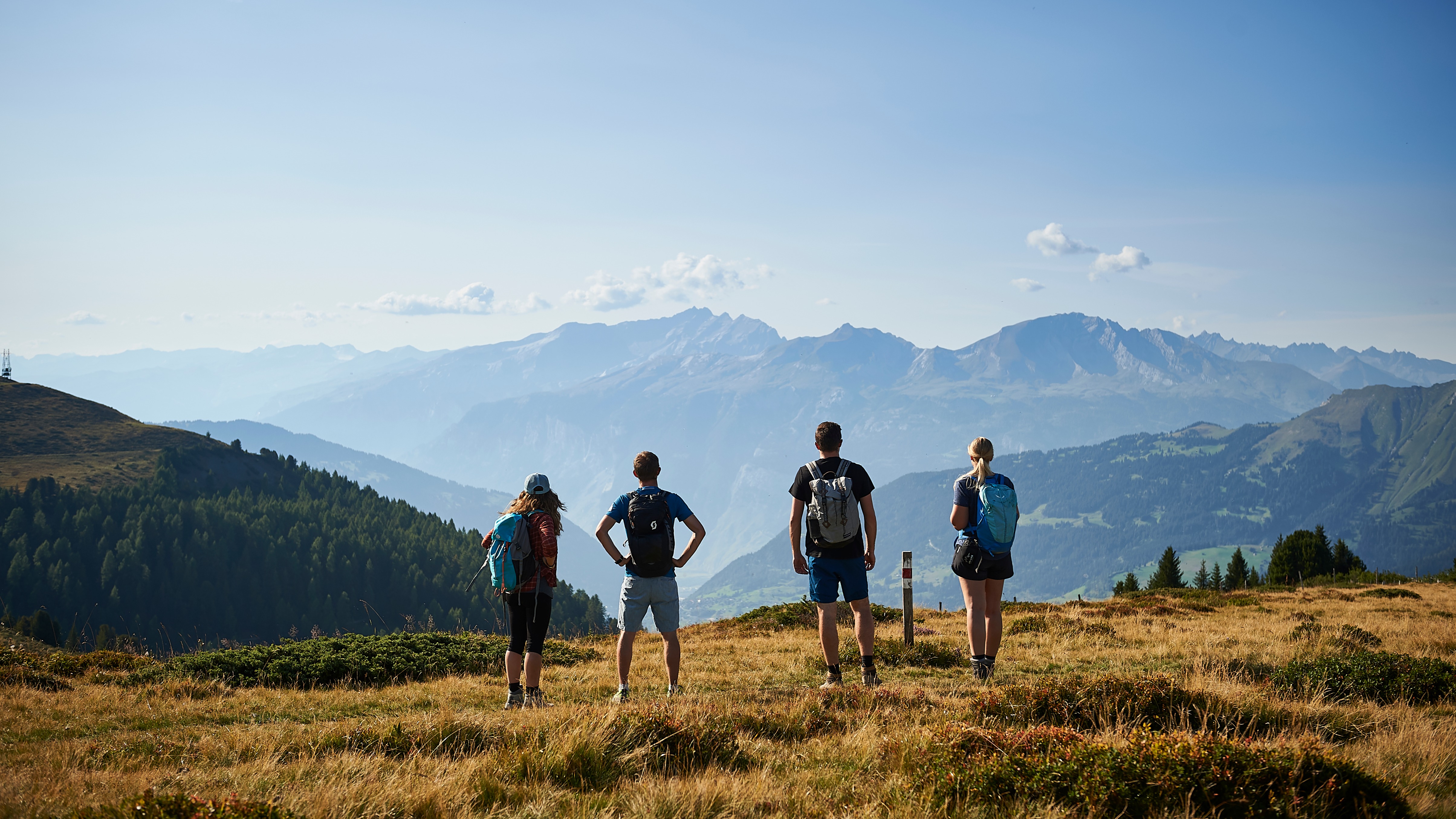 Four hikers with backpacks stand on a grassy hillside overlooking layered mountain ranges under a clear blue sky.