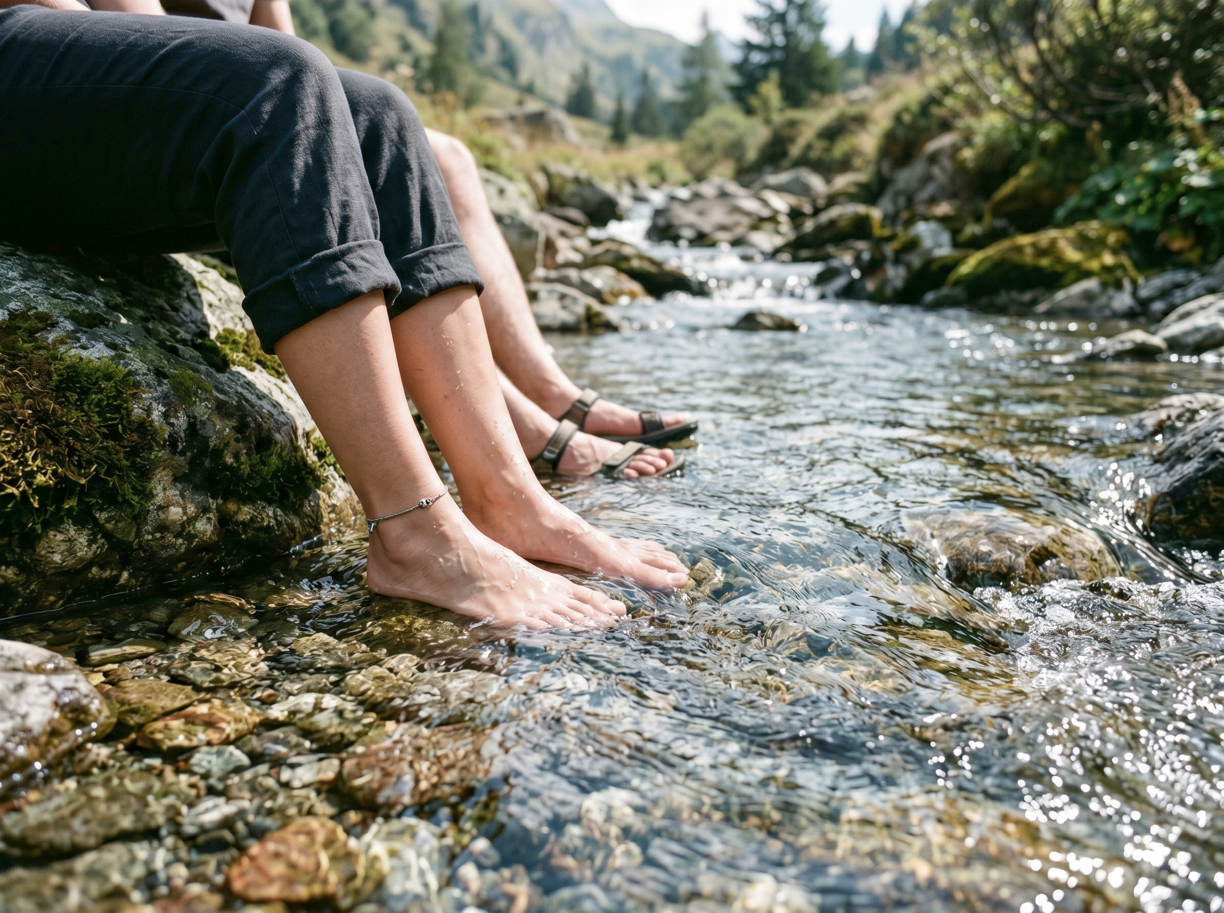People refreshing by holding their bare feet in a cool mountain stream