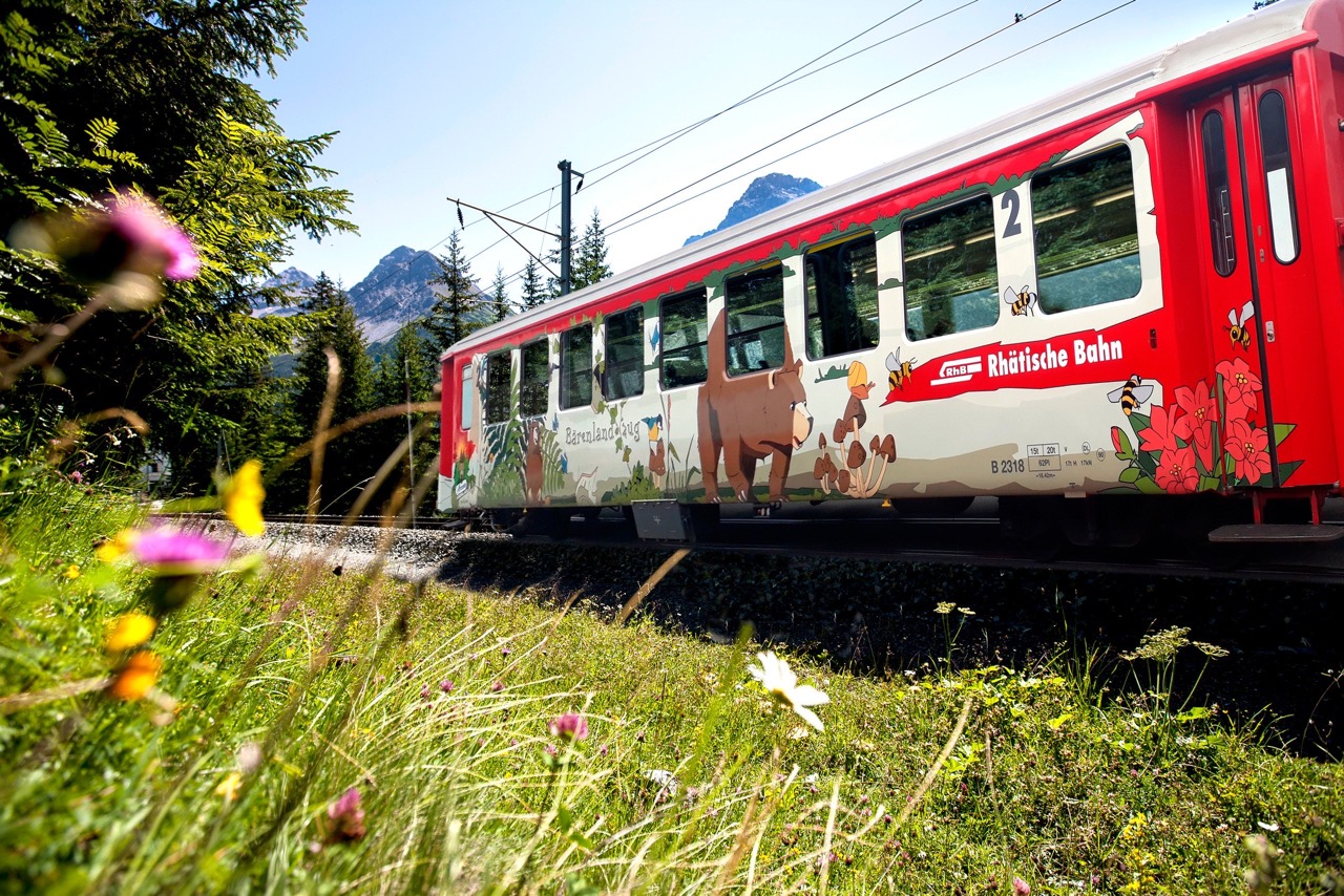 Red and white Rhatische Bahn train with cow decorations traveling through alpine landscape with mountains and wildflowers.