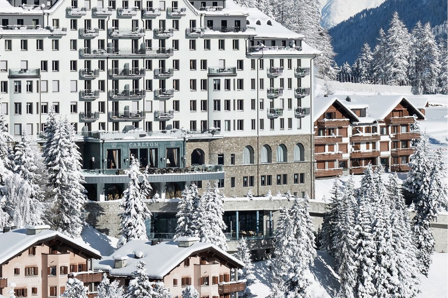 Carlton Hotel in the snow, cover image of the Carlton newspaper "Winter Tales"