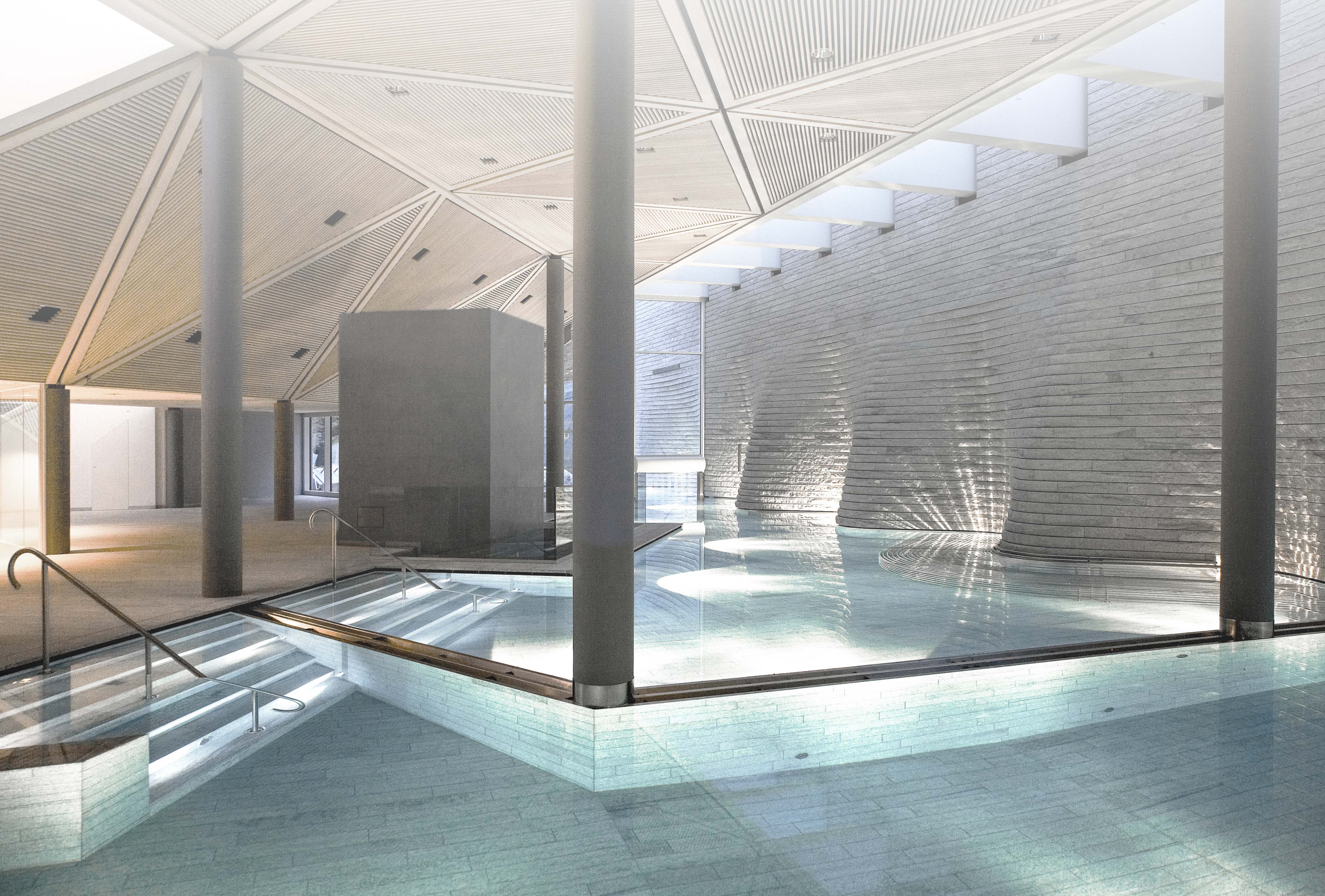 Modernes Hallenbad mit geometrischer Decke, Betonsäulen, strukturierten grauen Wänden und einem Treppeneinstieg in einem Spa-Ambiente.